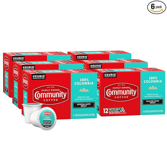 Community Coffee 100% Colombia 72 Count Coffee Pods, Medium Dark Roast, Compatible with Keurig 2.0 K-cup Brewers, 12 Count (Pack of 6)