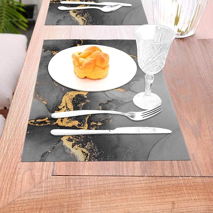 Black Gray Gold Marble Placemats Set of 4 Linen Decorative Table Mat for Dining Table Kitchen Farmhouse Outdoor Home Decor 12"x18" Abstract Modern Place Mats