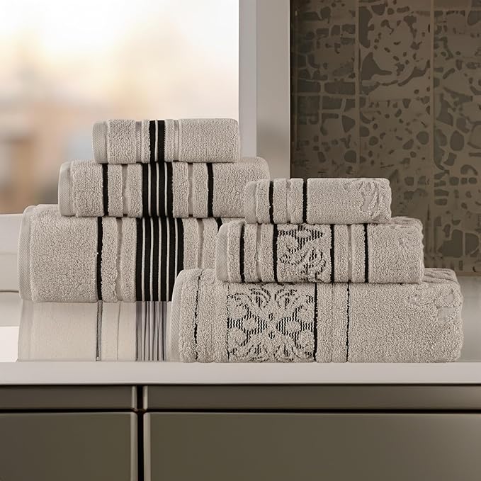 Superior Cotton 6 Piece Assorted Floral Towel Set, Includes 2 Bath, 2 Hand, 2 Washcloth/Face Towels, Quick Dry, Home Essentials, Shower, Spa, Luxury Plush Soft Absorbent Towels, Zero Twist, Stone