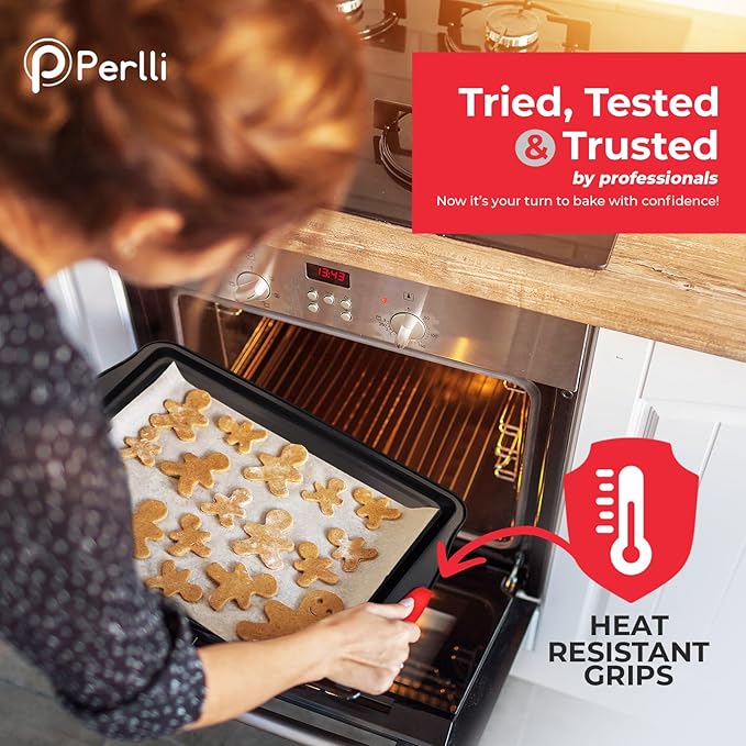 PERLLI Non-Stick 8-Piece Baking Pan Set, BPA-Free Carbon Steel Bakeware Set with Silicone Handles, Stackable Kitchen Oven Set, Cookie Sheet, Baking Tray, Baking Sheet Set, Oven Safe (446°F)