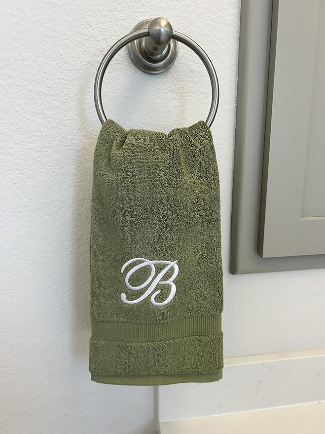 Sage Monogrammed Hand Towels for Bathroom - Luxury Hotel Quality Personalized Initial Embroidered Towel for Powder Room, Spa - GOTS Organic Certified - Set of 2 White Letter S