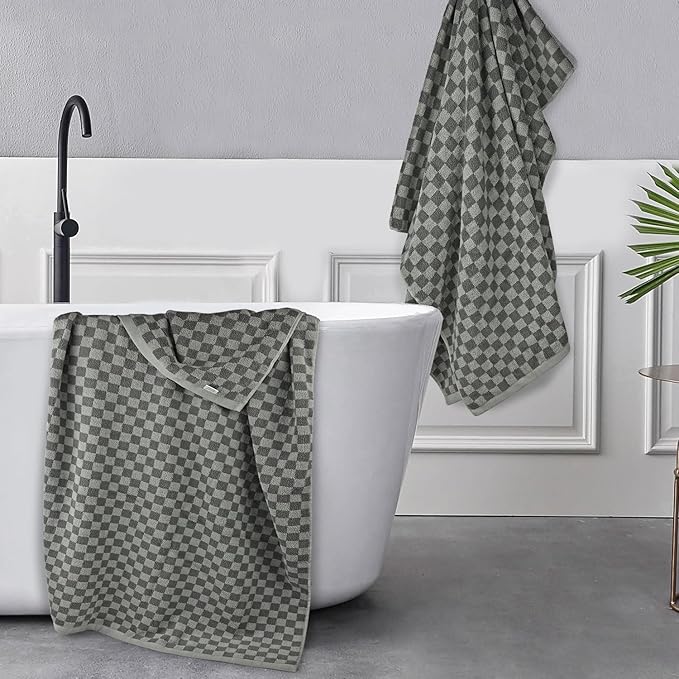 Jacquotha Pack of 2 Cotton Bath Towels (Grey Checkered), Ultral Soft Shower Towels Bathroom Essentials Large Size 54” x 28”, Luxury Medium Thickness Comfort
