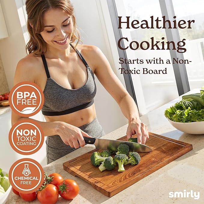 SMIRLY Wood Cutting Boards for Kitchen Wooden Chopping Board Set Reversible with Deep Juice Grooves Grip Handles, Large Charcuterie Tray, Ideal for Chopping Meat Vegetables Teak Wood, 3Pcs with Holder