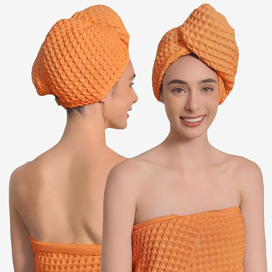 100% Organic Cotton Hair Drying Waffle Towel Wrap for Women | Absorbent & Quick Dry Head Turban for Wet Hair in Shower Sauna Spa, Extra Large for Long Straight Curly Plopping Button (Orange, 1 PACK)