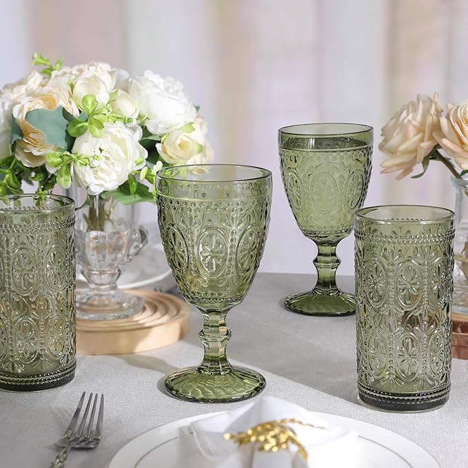 Green Drinking Glasses Set of 4, Vintage Drinking Glasses, Colored Glassware Drinking, Highball Beverage Glasses Cup, Vintage Glassware Set for Water, Juice, Cocktail, Coffee