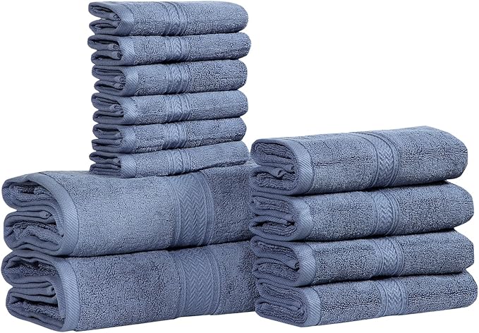 HILLFAIR 12 Piece- 600 GSM Cotton - Hotel Spa Towels Set- 2 Bath Towels, 4 Hand Towels, 6 Washcloths- Absorbent Super Soft Cotton Towels Set- Blue- 100% Cotton