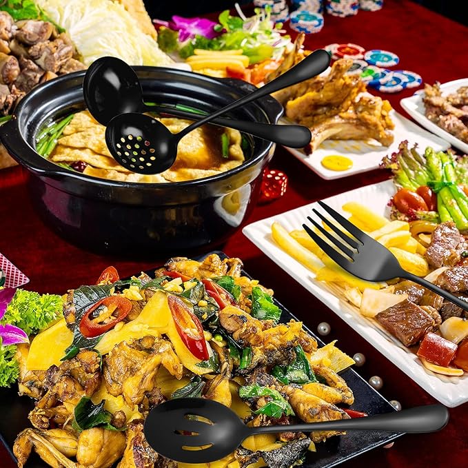 Black Serving Utensils Set 10-Piece Stainless Steel Kitchen Catering Flatware include Catering Tong Big Spoons and Ladles Servers Large Fork Spatula Ideal for Home and Restaurant Use