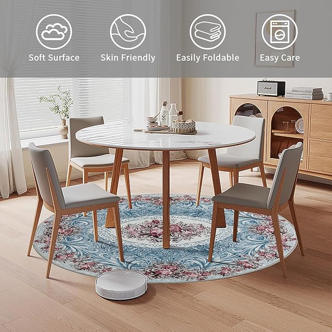 Easy-Going Round Area Rug 3ft Washable Floral Small Circle Rugs for Living Room Non-Slip Bedroom Rug Low Pile Lightweight Retro Flowers Throw Rug for Dining Room Kitchen Home Home Office, Teal Red