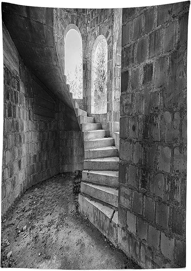 Ambesonne Rustic Tablecloth, Circular Medieval Brick Staircase Vacant Castle Architecture Art of Photography Print, Rectangular Table Cover for Dining Room Kitchen Decor, 60" X 90", Grey