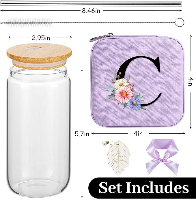 AYGXU Bridesmaid Gifts for Wedding Day,Bridesmaid Proposal Gifts,Drinking glass with Bamboo Lids and Straw,Jewelry Organizer,Travel Essentials Small Jewelry Box,Teen Girls Gifts,Initial C purple