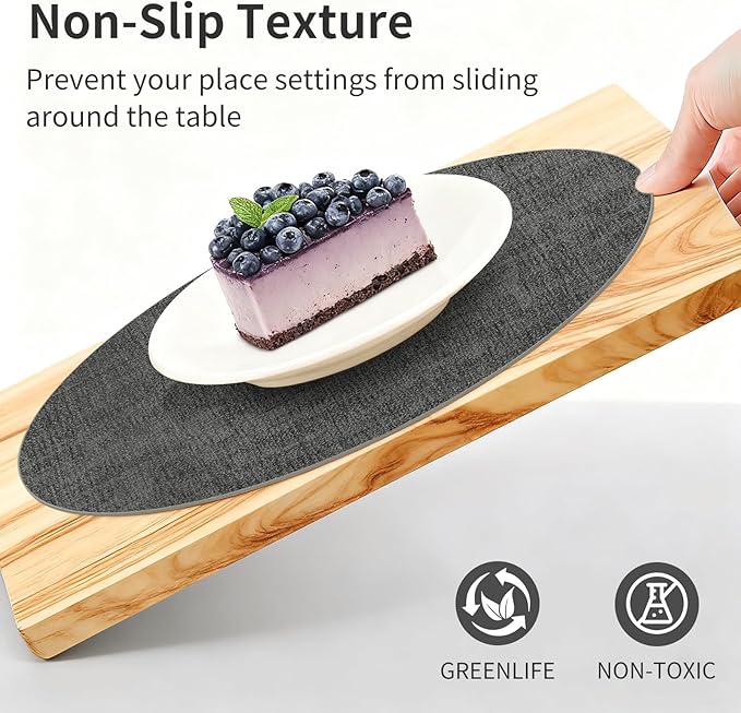 Maxpearl Round Placemats Set of 6, 13.8 inch Faux Leather Heat Resistant Table Mats, Non Slip Waterproof Wipeable Place Mats for Kitchen Dining Holiday Party Table Settings, Black