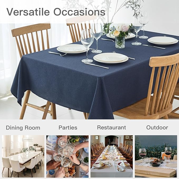 maxmill Linen Texture Tablecloth Water Resistant Antiwrinkle Spillproof Wipeable Washable Soft Fabric Table Cloth for Dining Room, Buffet Banquet Party Holiday, Rectangular 60 x 108 Inch, Navy Blue