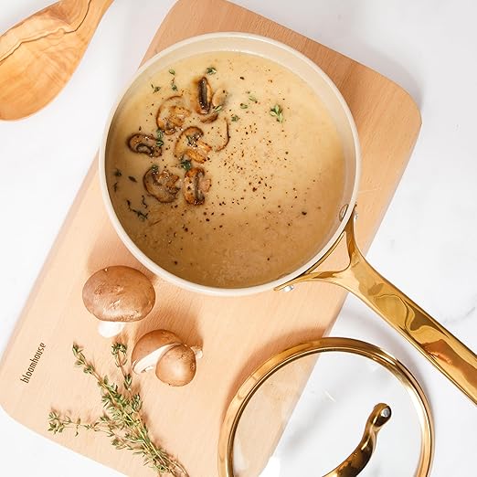 bloomhouse - Two Time Oprah's Favorite Things Winner - 3 Quart Heavy Duty Aluminum Premium PFA Free Ceramic Nonstick Saucepan with Lid - Almond Cream w/Gold Handle
