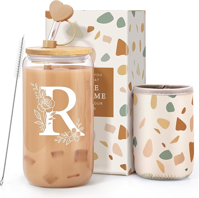 Personalized Gifts for Women, Monogrammed Gifts for Women, Initial 16 oz Glass Cups With Lids and Straws, Customized Mug, Personalized Birthday Gifts Christmas Gifts for Her Mom Friend Woman, R