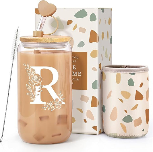 Personalized Gifts for Women, Monogrammed Gifts for Women, Initial 16 oz Glass Cups With Lids and Straws, Customized Mug, Personalized Birthday Gifts Christmas Gifts for Her Mom Friend Woman, R