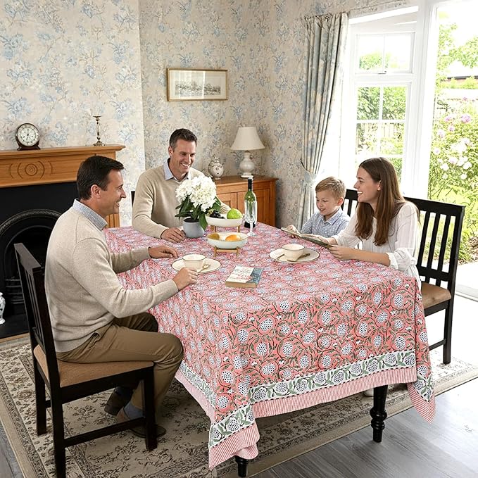 Ridhi Dark Salmon Pink Hand Block Print Cotton Rectangle Tablecloth 190" x 72" inches Reusable Table Cover Decorative Everyday Use for Dining, Farmhouse, Home, Party, Festive, Wedding, Fall