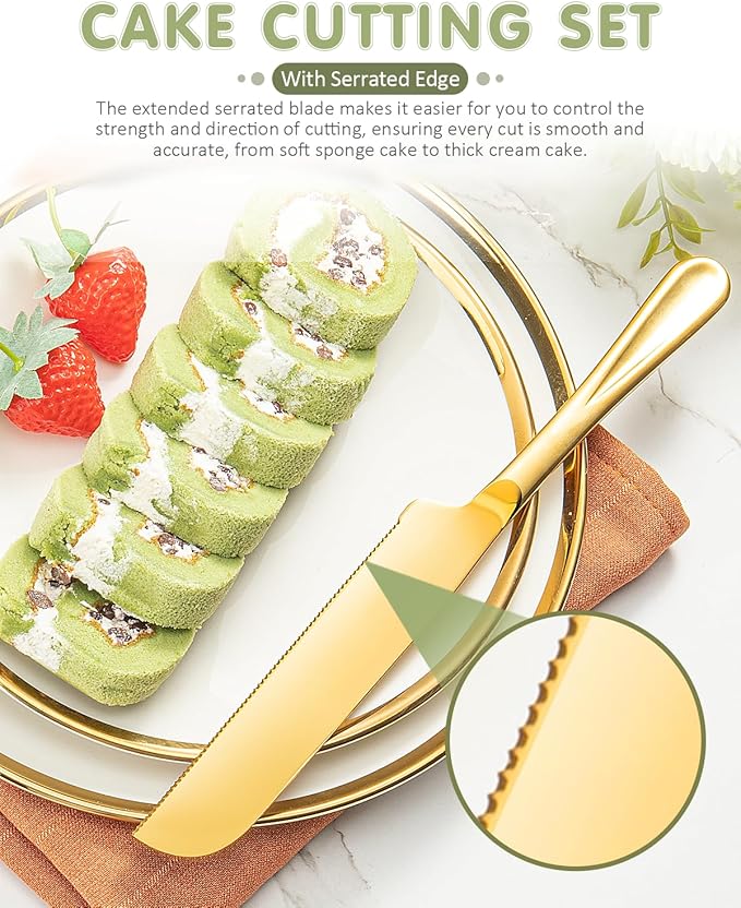 2-Piece Premium Cake Cutting Set, Exquisite Knife and Server with Serrated Design, Includes Cake Knife and Pie Spatula for Pastry, Pizza and Desserts (Gold)