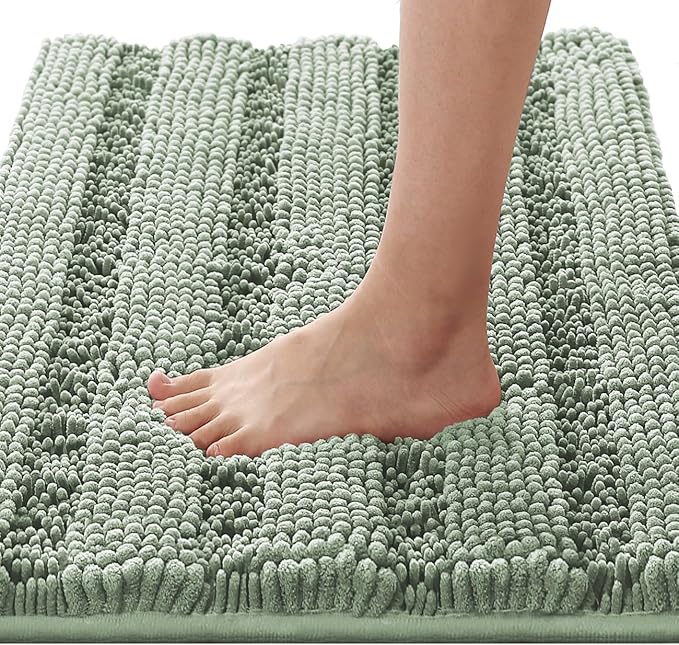 H.VERSAILTEX Bath Rugs for Bathroom Non Slip Bath Mats Extra Thick Chenille Striped Rug 20" x 32" Absorbent Non Skid Fluffy Soft Shaggy Washable Dry Fast Plush Mat for Indoor, Bath Room, Tub - Sage