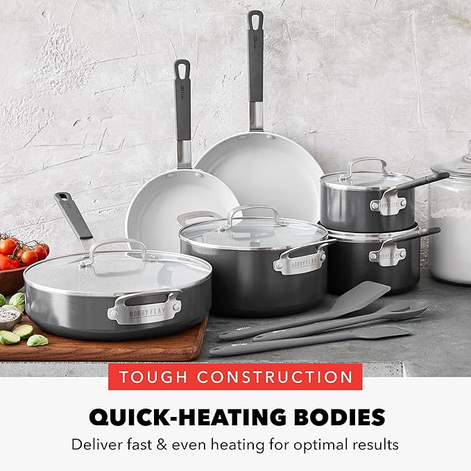 GreenPan x Bobby Flay 13 Piece Nonstick Cookware Pots and Pans Set, PFAS-Free Diamond Ceramic, Induction Suitable, Easy Clean Dishwasher & Oven Safe, Stay-Cool Silicone Handles, Glass Lids, Graphite