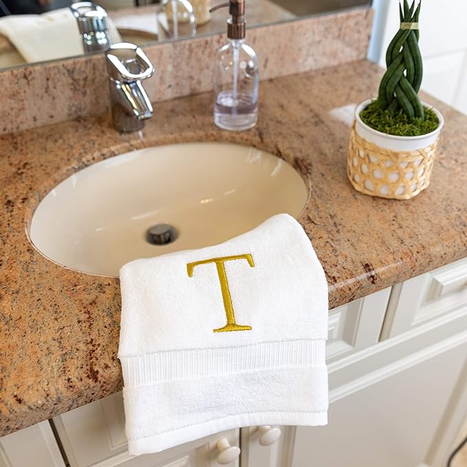 Monogrammed Hand Towels for Bathroom - Luxury Hotel Quality Personalized Initial Decorative Embroidered Bath Towel for Powder Room, Spa - GOTS Organic Certified - Set of 2 Gold Letter T