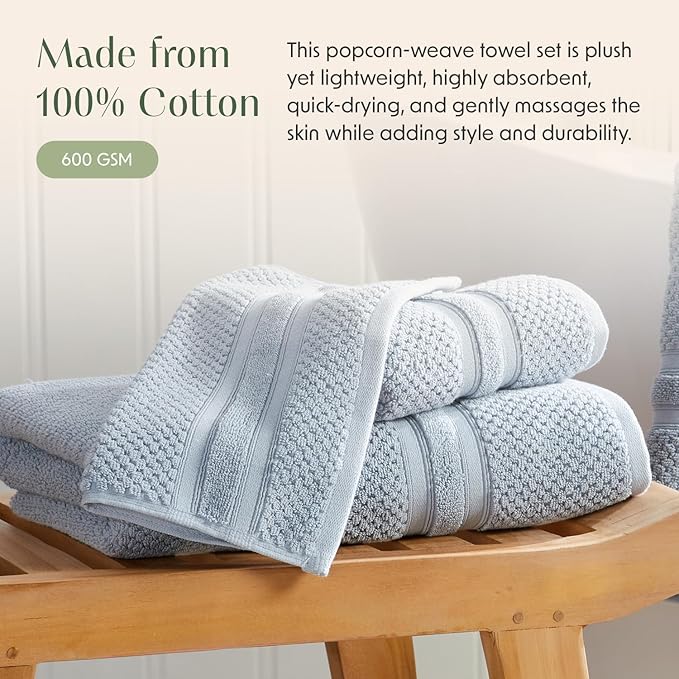 Springtree Home Blue Bath Towels Set of 6 | Popcorn Textured | 100% Combed Cotton | Absorbent Quick-Dry Towels for Bathroom | Oeko-TEX® Standard 100 Cotton | Poli Collection - Blue Fog