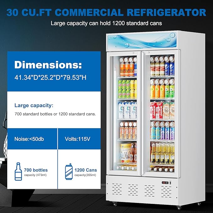 30 Cu.ft Commercial Beverage Refrigerators Glass Door Refrigerator Commercial with LED Light and 10 Shelves, Display Refrigerator for Restaurant Store Cafe Bar, White