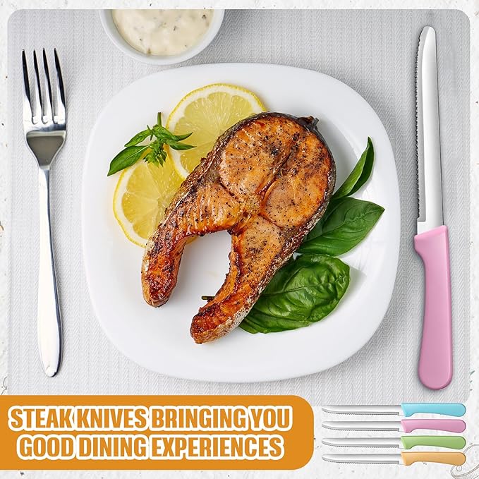 Geelin 50 Pieces 8.5 Inch Rounded Serrated Blade Steak Knives Stainless Steel Round Tip Blade Steak Knife with Plastic Handle for Kitchen Butter Cutlery Restaurant (Multicolor)