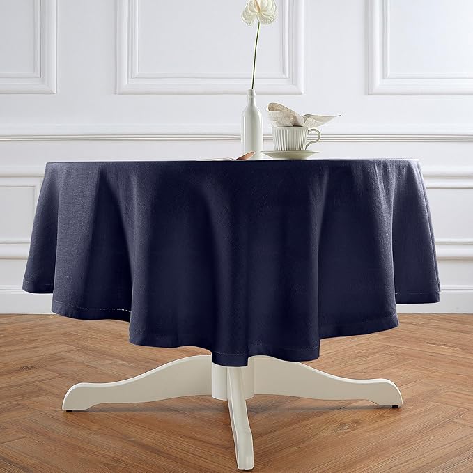 Solino Home Linen Round Tablecloth 70 Inch - 100% Pure Linen Indigo Navy Round Tablecloth - Machine Washable Table Cloth for Winter - Sonoma Hemstitch