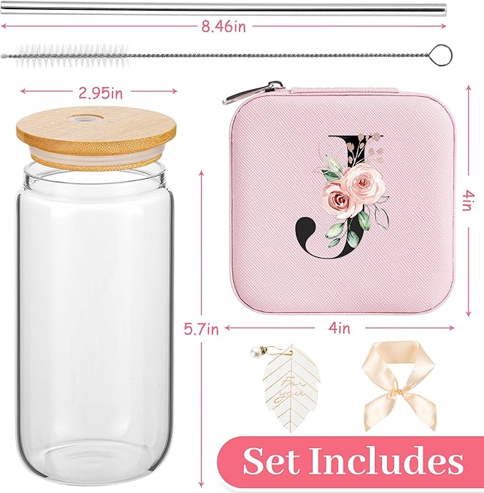 AYGXU Personalized gifts for bridesmaid,16oz glass cups with lid and straw,Jewelry Organizer,Graduation Travel Gifts for Women,Personalized Travel Mini Jewelry Case,Initial J pink