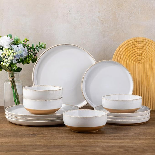 AmorArc Ceramic Dinnerware Sets for 4, 12 Pieces Handpainted Plates and Bowls Set with Rustic Terracotta Underside, Scratch Resistant Stoneware Dishes Set, Dishwasher & Microwave Safe, White