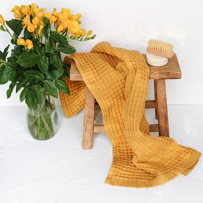 sea me at home Waffle Hand Towel – 100% Turkish Cotton, Quick-Dry, Soft and Absorbent Bathroom Towel (Mustard)