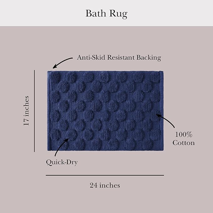 Kate Spade New York Dotted Woven Bath Rug, 17 in x 24 in, Absorbent Bath Mat, Slip Resistant, Made from 100% Cotton, Machine Washable, French Navy