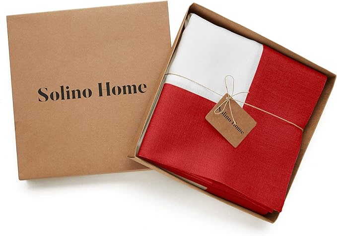 Solino Home Linen Tablecloth for Rectangle Tables 60 x 120 Inch - 100% Pure Linen Red and White Table Cloth - Contempo, Machine Washable Cloth Tablecloth for Valentines, New Year