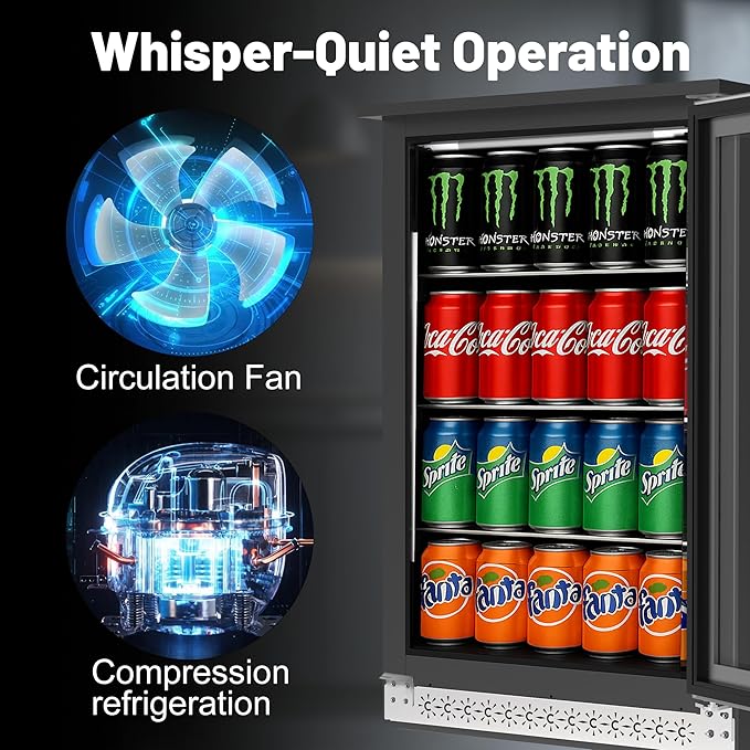 20 Inch Under Counter Beverage Fridge with Glass Door, Beverage Refrigerator Cooler 120 Can,Built in or Freestanding,Fast Cooling,Quiet ≤39 dBs,Blue LED Light Cooler for Bar, Home, Office