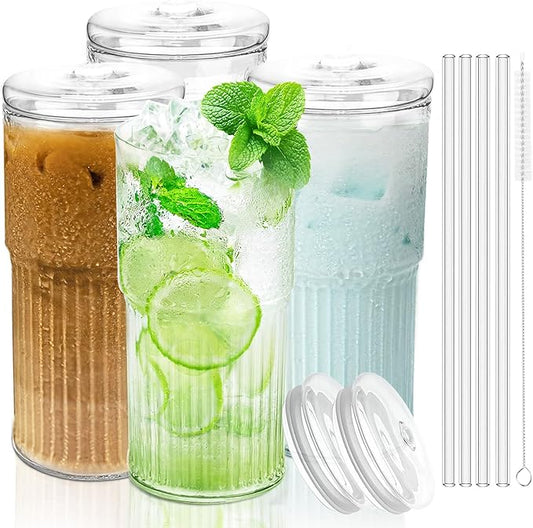 Glass Cups with Lids and Glass Straws, High Borosilicate 20OZ Tumblers (4Pcs) for Coffee, Tea, Juice, Smoothies, Hot/Cold Drinks at Home, Office