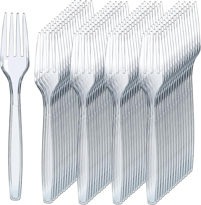 Prestee 300 Count Disposable Plastic Forks - Heavy Duty Silverware Bulk Set - Clear Plastic Utensils for Catering, Weddings, Parties, BBQ - Elegant and Sturdy Forks for Events and Buffets