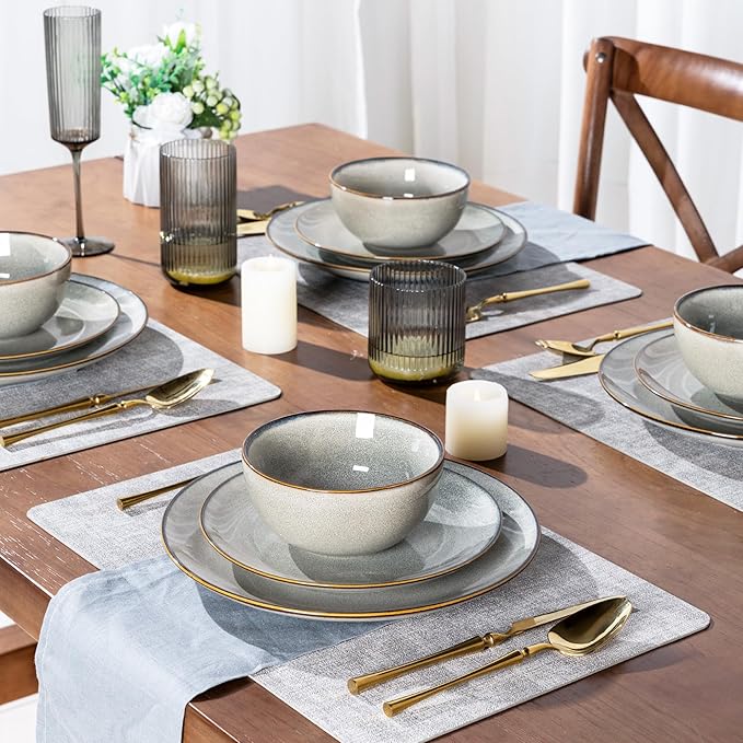 GBHOME Ceramic Dinnerware Sets for 4, 12 Pieces Stoneware Plates and Bowls Sets, Reactive Glaze Dishes -Scratch Resistant, Dishwasher&Microwave Safe
