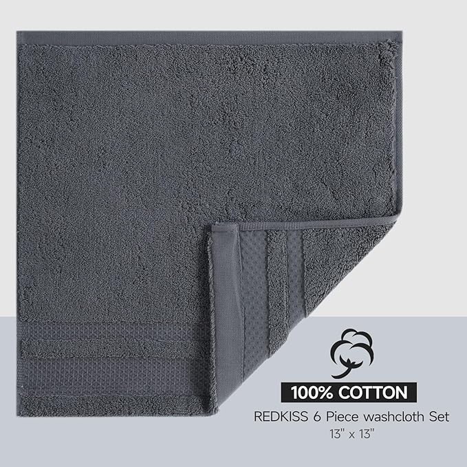 REDKISS Luxury Washcloths for Showering, 13x13 inch, 100% Cotton Premium Wash Cloths Set of 6, Super Soft and Highly Absorbent Face Towels for Bathroom, Spa, Gym and Hotel, Blue Gray