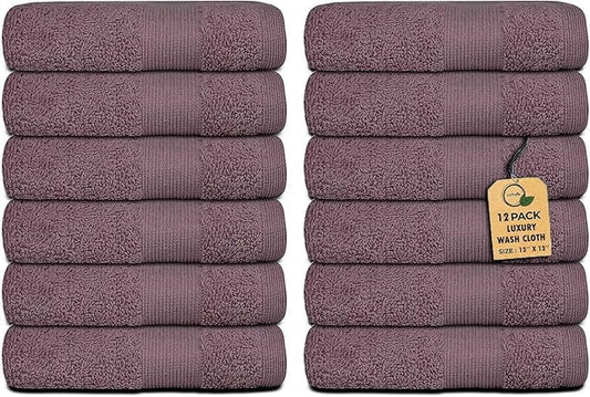 Premium Wash Cloths Pack of 12 (13" x 13") 100% Ring Spun Cotton | Luxury Washcloths | Ultra Soft Face Towels | Highly Absorbent Wash Cloths for face (Purple Ash)