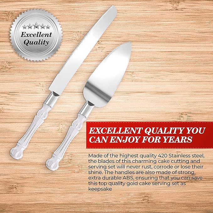 Homi styles White Elegant Cake Knife and Server Set, Cake Cutter and Pie Spatula, Cake Server and Knife Set of 2 with Thick Blades,Rustic Wedding Cake Cutting Set, Birthdays, Anniversaries,Parties