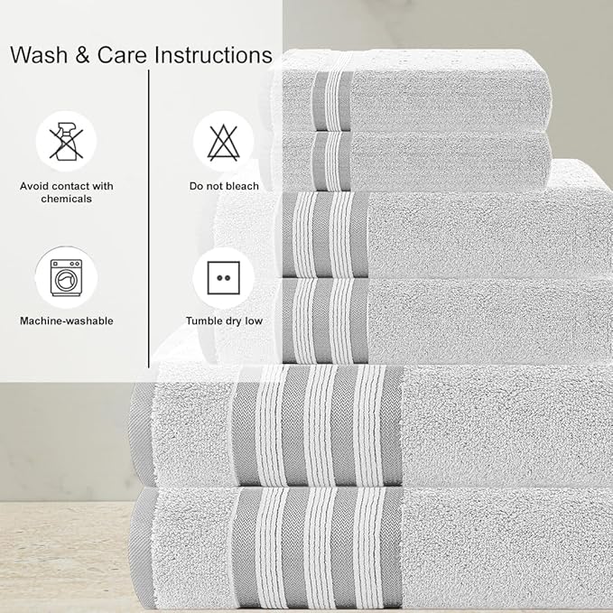 CASA COPENHAGEN Zero Twist, 6 Pieces Set 100% Cotton 0" Twist Towel Set- White, 600 GSM, 2 Bath, 2 Hand, 2 Washcloths Made from Egyptian Cotton, Ultra Soft Luxury Towels for Bathroom.