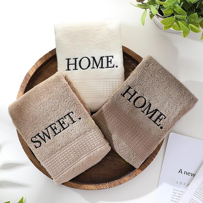 3 Pcs Farmhouse Decorative Hand Towels for Bathroom and Kitchen Rustic Embroidered 100% Cotton Hand Towels Decorative Set for Boho Bathroom Decor(Home Sweet Home)