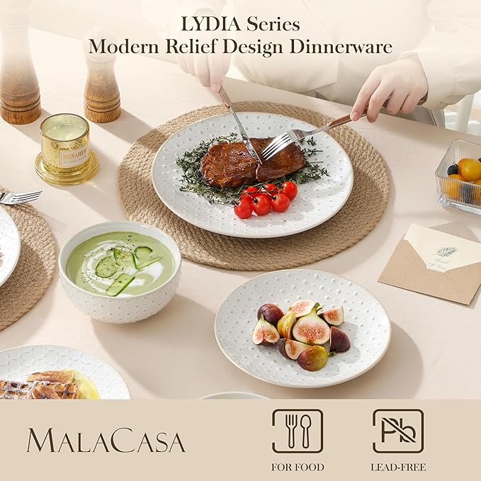 MALACASA 24 Piece Dinnerware Set, Embossed Ceramic Dish Sets Service for 8, Plates and Bowls Set, Durable Stoneware Tableware for Family Dinners, Dishwasher & Microwave Safe