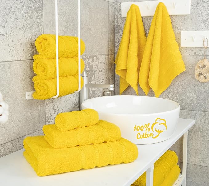 American Soft Linen Luxury 6 Piece Towel Set, 2 Bath Towels 2 Hand Towel 2 Washcloths, 600 GSM 100% Cotton Turkish Towels for Bathroom, Yellow Towel Sets