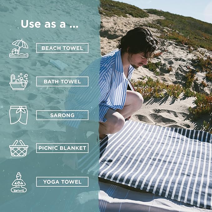 Large Turkish Beach Towel, Striped Navy & Natural - 37'' x 67'' - Super Soft & Lightweight - Quick Dry Sand Free Travel Towels for Beach or Bath - Gifts