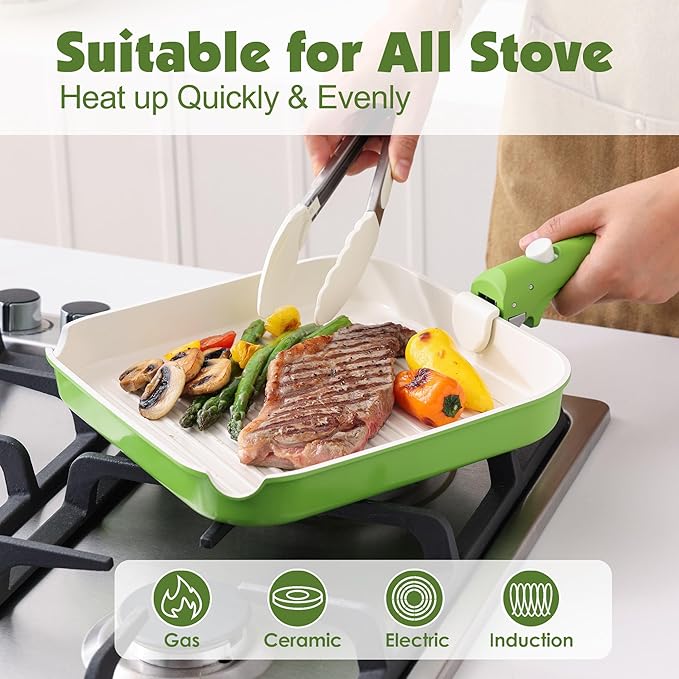 SENSARTE 17 Piece Ceramic Pots and Pans Set, Nonstick Detachable Handle Cookware, Induction Kitchen Cookware Set with Removable Handle, Dishwasher ＆ Oven Safe (Green)