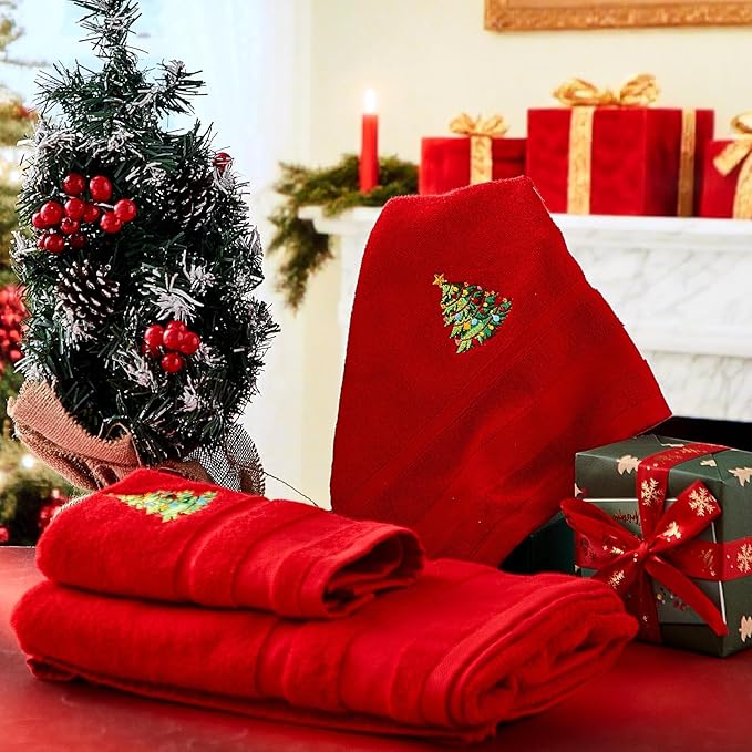 Peryiter 6 Pack Cotton Christmas Bath Towels Set Red Christmas Tree Towels Bathroom Set, Soft and Absorbent, Contains 2 Bath Cloth, 2 Hand Cloth and 2 Washcloths