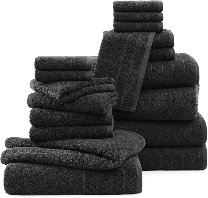 Casa Platino 100% Mercerized Cotton Luxury Bathroom Towels Set - 18 Piece - Ring Spun Technology - 6 Bath, 6 Washcloths, 6 Hand Towels - Remains Soft & Absorbent Even After Multiple Washes - Black