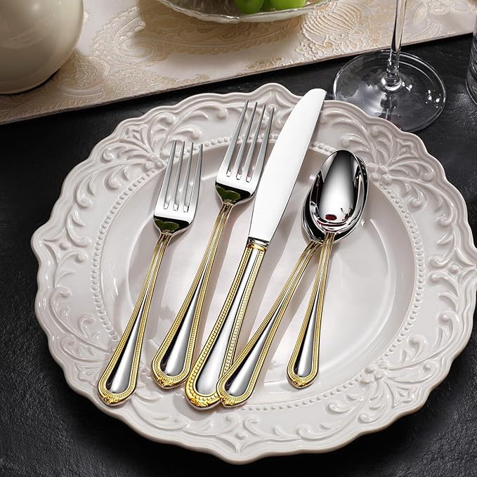KEAWELL Pearl Edge 4-Piece Premium Fork Set, 18/10 Stainless Steel, Fine Silverware Forks with Mirror Finish and Exquisite Craftsmanship, Gold Accent, Dishwasher Safe (4, 7.3" Salad Forks)