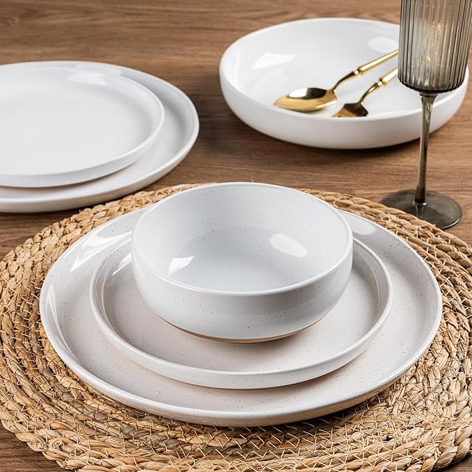 AmorArc Ceramic Dinnerware Sets for 8, 24 Pieces Handpainted Plates and Bowls Set with Rustic Terracotta Underside, Scratch Resistant Stoneware Dishes Set, Dishwasher & Microwave Safe, White